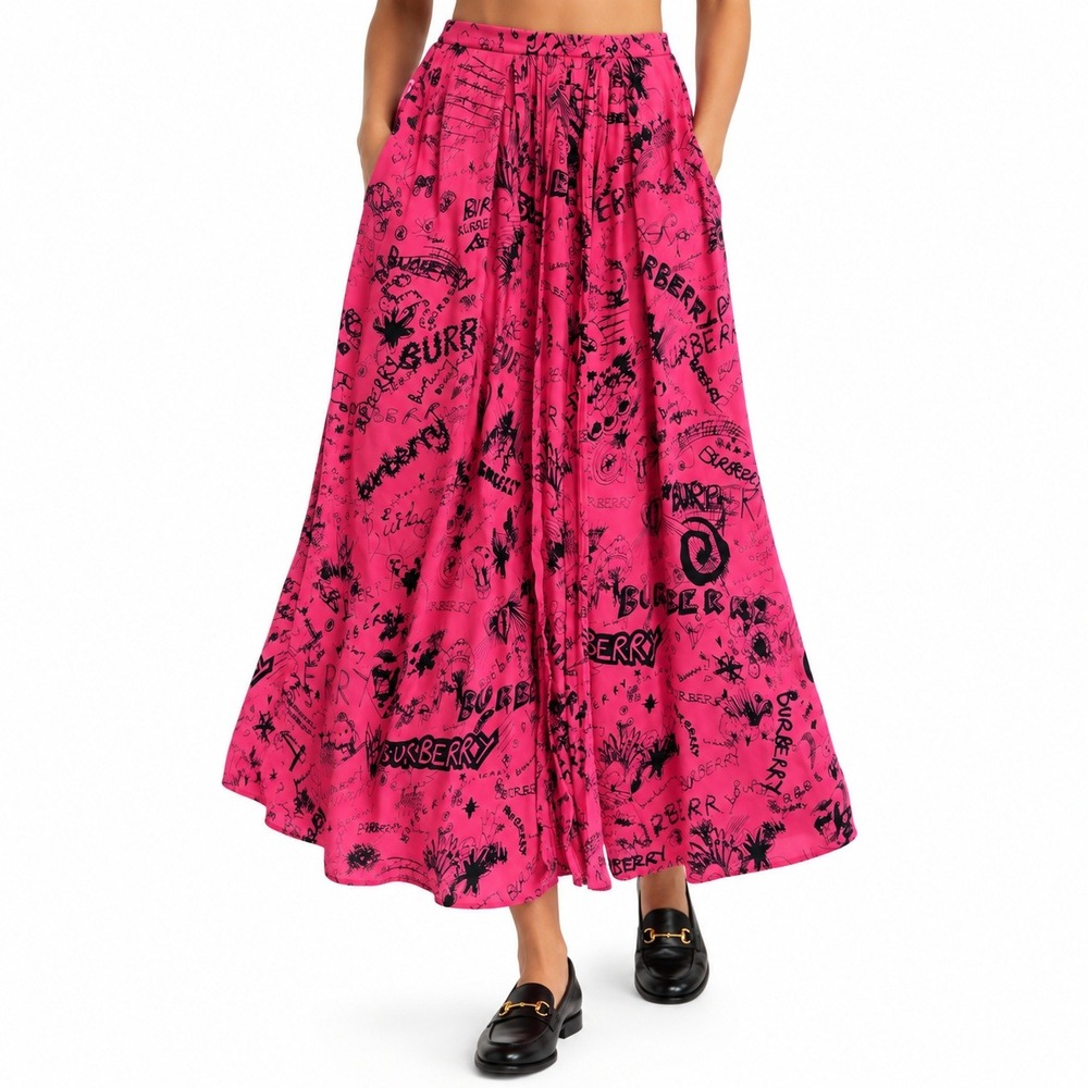 Burberry Pink Silk Scribble Logo Pleated Midi Skirt Womens Small Designer Luxury